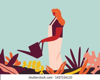 Women farmer watering and growing vegetables and flowers in the tropical garden illustration in vector. 