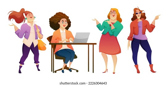 Women in fashion clothes. Beautiful woman in business clothes. woman character in different poses. Vector illustration 