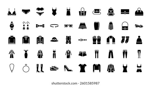 women fashion clothing accessories icons. solid glyph style icon set