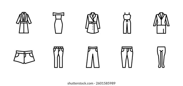women fashion clothing accessories icons. outline minimal style icon set