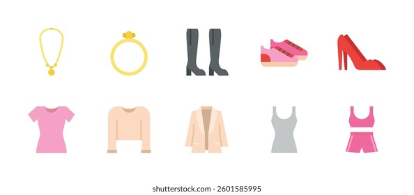 women fashion clothing accessories icons. flat color style icon set