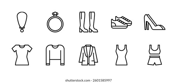 women fashion clothing accessories icons. outline minimal style icon set