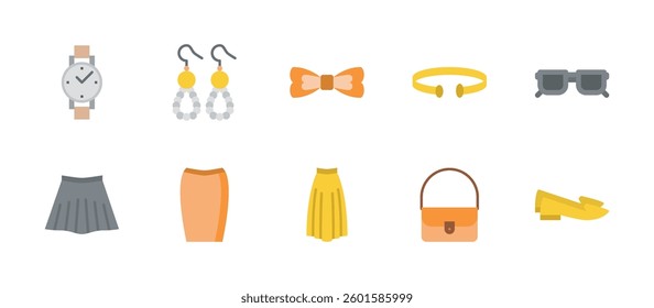 women fashion clothing accessories icons. flat color style icon set
