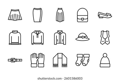 women fashion clothing accessories icons. outline minimal style icon set