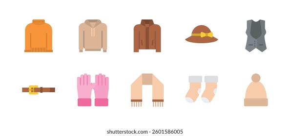 women fashion clothing accessories icons. flat color style icon set