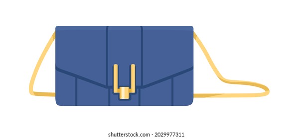 Women Fashion Clutch With Flap Snap Closure And Shoulder Strap. Small Leather Bag With Golden Buckle. Modern Rectangular Handbag For Evening. Flat Vector Illustration Isolated On White Background