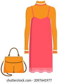Women fashion color set with dress and handbag isolated vector illustration elements of womens wardrobe clothes and accessories. Bag and sheath dress, stylish look for young girl