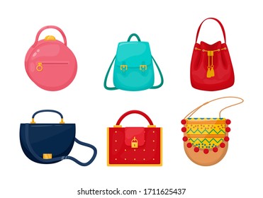 Women fashion colorful bags set. Lady accessories vintage bag clutch, hobo, tablet, hippie, sling bag, sports, backpack for shopping, resting, travel vector flat illustration