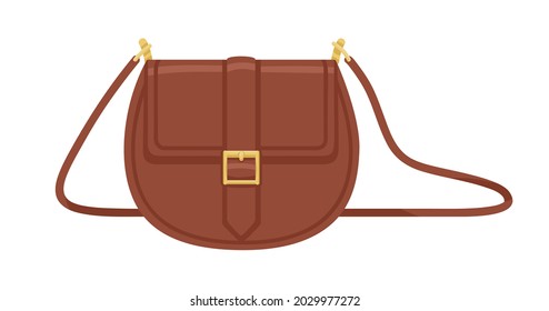 Women Fashion Crossbody Saddle Bag With Shoulder Strap. Modern Small Leather Flap Handbag With Golden Buckle. Stylish Female Accessory. Flat Vector Illustration Isolated On White Background