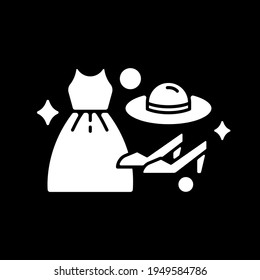 Women fashion dark mode glyph icon. Luxury clothes and accessories. Female garments. Beauty industry. Online store category. White silhouette symbol on black space. Vector isolated illustration