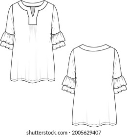 Women Fashion double layer sleeve ruffle fancy neck top technical drawing flat sketch template design vector