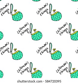 Women fashion green bag and text seamless pattern vector background