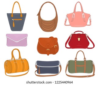 Women fashion handbags collection, vector illustration. Different types of stylish bags, satchel, saddle, hobo, doctor, clutch, duffel, tote,barrel isolated on a white background.