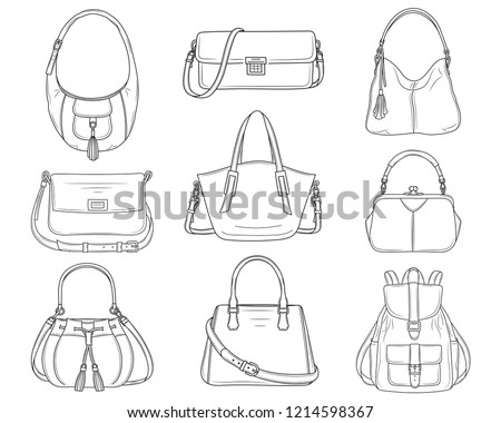 Women fashion handbags collection, vector sketch illustration. Different types of stylish bags, satchel, hobo, frame,   baguette, bucket, backpack isolated on white background.