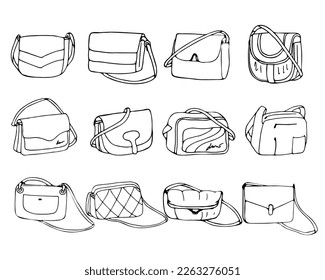 Women fashion handbags set in doodle style, vector sketch illustration.