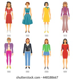 Women Fashion Icons Set. Fashion Evolution Vector Illustration. Woman Fashion Evolution Decorative Set.  Fashion Evolution Design Set. Fashion Evolution Flat Isolated Set.