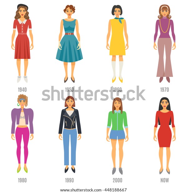 Women Fashion Icons Set. Fashion Evolution Vector Illustration. Woman Fashion Evolution 