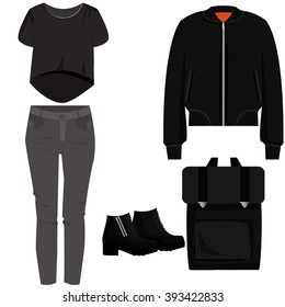 Women fashion illustration. Women urban clothes set.