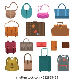 Women fashion and luggage bags colored icons set isolated vector illustration.
