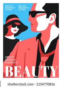 Women fashion magazine cover design. Abstract couple, male and female charactrs wearing sunglasses. Man in red, woman in black. Vector illustration