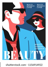 Women fashion magazine cover design. Abstract couple, male and female charactrs wearing sunglasses and hat. Vector illustration