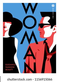 Women fashion magazine cover design. Abstract couple, male and female charactrs wearing sunglasses. Vector illustration