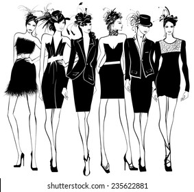 Women fashion models in black dress and feather hat - vector illustration