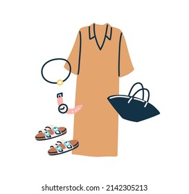 Women fashion outfit. Summer casual clothes set with dress, bag, sandals, watches and jewellery. Modern trendy garment with female accessories. Flat vector illustration isolated on white background