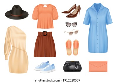 Women Fashion Realistic Color Set With Clothes And Accessories Isolated Vector Illustration