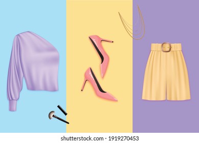 Women fashion realistic design concept with clothes and shoes vector illustration