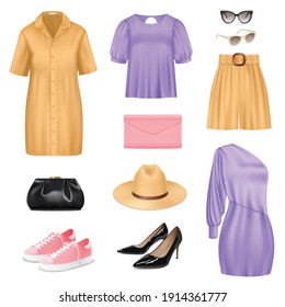 Women Fashion Realistic Set With Dress Hat And Shoes Isolated Vector Illustration