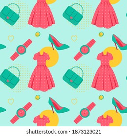 Women Fashion Seamless Pattern with Handbag, Dress, Watch, and High Heels. You can use this design to create poster, tshirt, pillow, tote bag, pouch, phone case, etc.