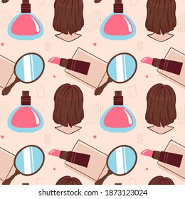 Women Fashion Seamless Pattern with Perfume, Wig, Hand Mirror, and Lipstick. You can use this design to create poster, tshirt, pillow, tote bag, pouch, phone case, etc.