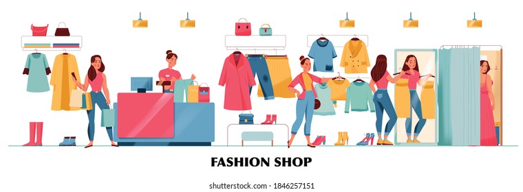 Women fashion shop concept with dressing rooms flat vector illustration