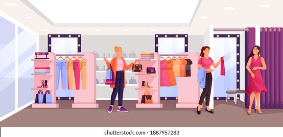 Women in fashion shop trying clothes. Woman in dress in fitting room, assistant helping, young girl looking at clothes. Apparel on hangers. Modern boutique vector illustration.