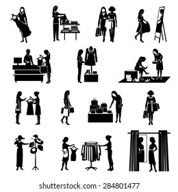 Women fashion shopping black silhouettes icons set isolated vector illustration