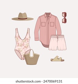 Women fashion summer set with printed swimsuit, blouse, shorts, straw tote bag, sun hat, flip flops and sunglasses. Mini capsule of vacation clothes in light pink hues. Flat vector illustration