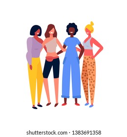 Women fashion trends vector illustration. Group of females wearing 2019 trendy summer clothes like bike shorts, one shoulder and puff shoulder tops, overall, animal print. Diverse women.