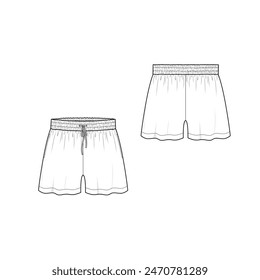 Women fashion trendy high waist loose-fit shorts with covered elasticated drawstring waist, side functional pockets and wide single needle hem. Flat vector illustration of relaxed fit short pants