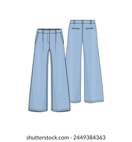 Women fashion trendy light blue wide leg jeans with waist deep pleats, front slanted pockets, back double welt pockets, belt loops and double needle hem. Denim fabric texture. Flat vector illustration