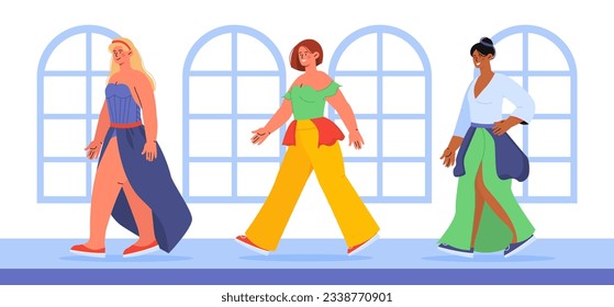 Women at fashion week concept. Young girls in fashionable and stylish clothes are walking along corridor. Aesthetics and elegance. Outfit, wear and apparel. Cartoon flat vector illustration