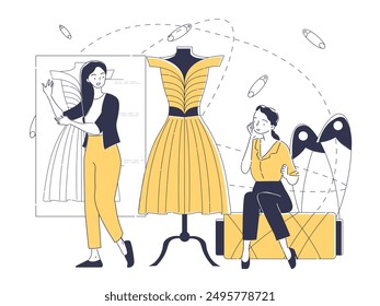 Women with fashion. Young girls sitting near mannequin with yellow dress. Aesthetics and elegance, trend. Stylists in wardrobe or studio. Linear vector illustration isolated on white background