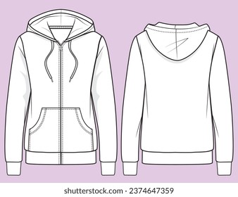 Women Fashion Zip Hooded Fleece Technical Flat Sketch Mockup Design