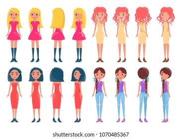 Women in fashionable outfits. Girls in colorful dresses with neat hairstyles vector illustrations. Young pretty women in elegant stylish dresses set.