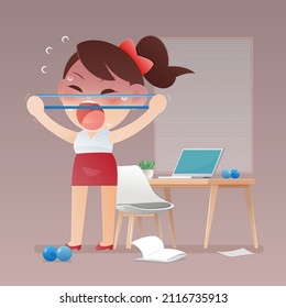 The women fear becoming fat and Fear gaining weight. A girl exercising in the office. Illustration and vector design. Obesophobia