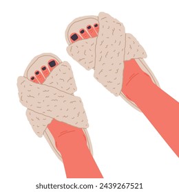 Women feet in fluffy domestic slippers. Female feet with pedicure wearing home footwear, cozy faux fur shoes flat vector illustration. Female house shoes on feet