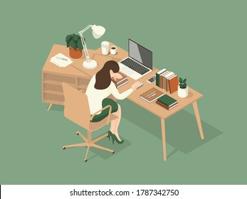 Women Fell Asleep On The Table While Working. Isometric Illustration About Working On The Table.