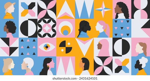 women female diversity inclusion background, illustration of abstract women from different cultures ethnicities and age, concept of international women' s day banner