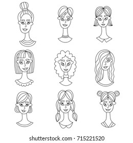 Women females girls ladies portraits cartoon characters black and white doodle vector set