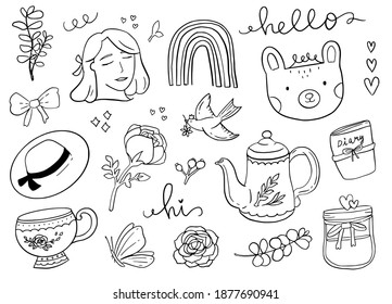 Women feminine doodle sticker outline drawing. Bird and bear animal in white background illustration
